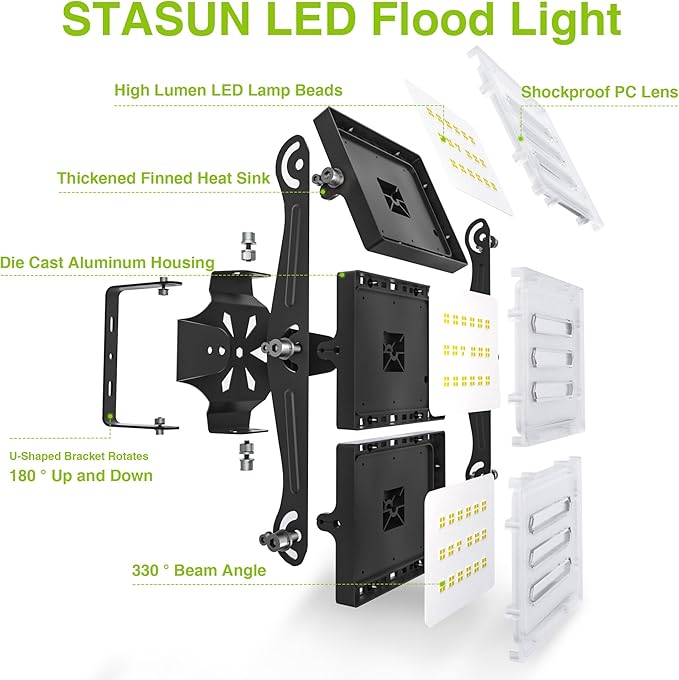 2 Pack LED Flood Lights Outdoor STASUN 150W 15000lm 6000K Daylight White IP66 Waterproof Commercial Parking Lot Lights 3 Heads for Yard Street Stadium Outdoor Area Floodlight Bright Security Lights