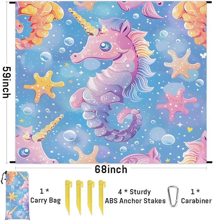 Waterproof Sandproof Beach Blanket 59''×68'' Hippocampus Polyester Outdoor Picnic Blanket with 4 Stakes &amp Storage Bag for BeachCampingVacation Blue