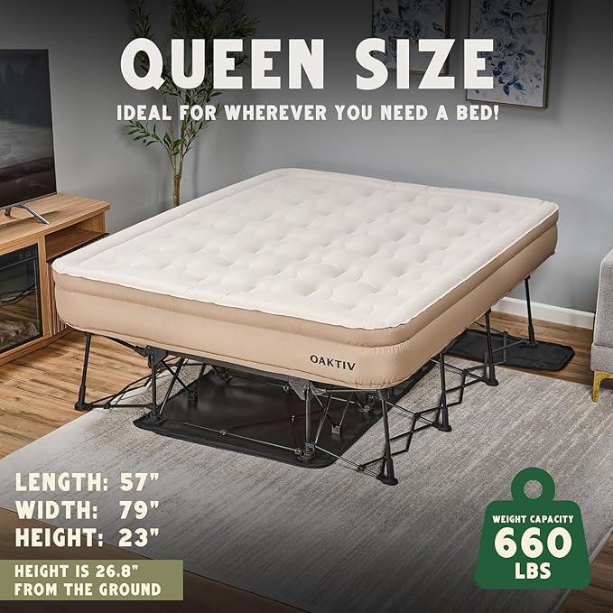 Queen Air Mattress with Frame Self Inflating/Deflating Blow Up Bed for Adults - PeakRest Camping Cot with Mattress - Portable Queen Size with Travel Rolling Case on Wheels
