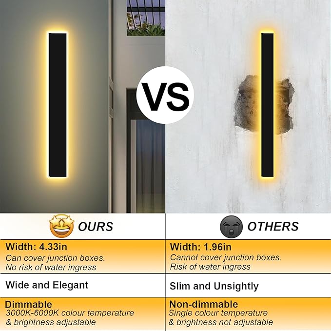 2pcs 47in Long Outdoor Modern LED Wall Lights 4.33in Wider Coverage IP65 Waterproof Black Outdoor Sconce Lights 3000K-6000K Dimmable Exterior Wall Light Fixtures for House Garage Front Door