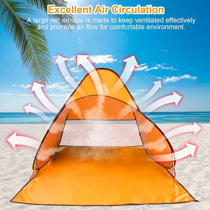 Pop Up Beach Tent Sun Shade Shelter Anti-UV Automatic Beach Tent Canopy for 2-3 People with Net Window Carry Bag for Park Camping (Orange)