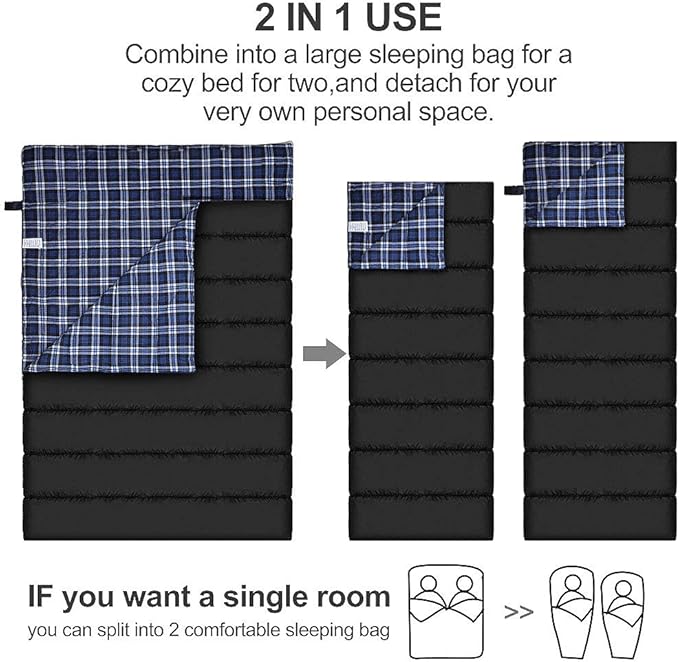 AGEMORE Cotton Flannel Double Sleeping Bag for Camping Backpacking Or Hiking. Queen Size 2 Person Waterproof Sleeping Bag for Adults Or Teens. Lightweight with Compression Sack