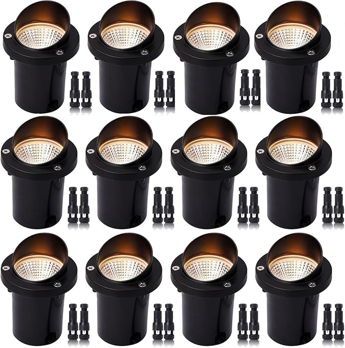 LED Low Voltage Landscape Light12-24V AC/DC Shielded In-Ground Light IP67 Waterproof 3000K Paver Well for Pathway (12 Pack)