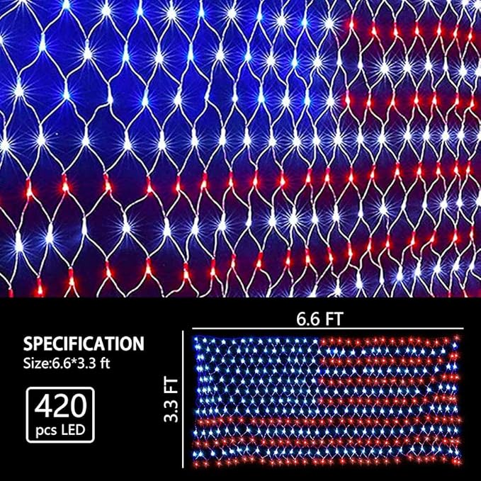 HYH American Flag Lights Outdoor Solar String Lights with 420 Super Bright LED Waterproof Flag Net Light of The United States for YardGardenFestivalHoliday4th of JulyIndependence Day Decoration