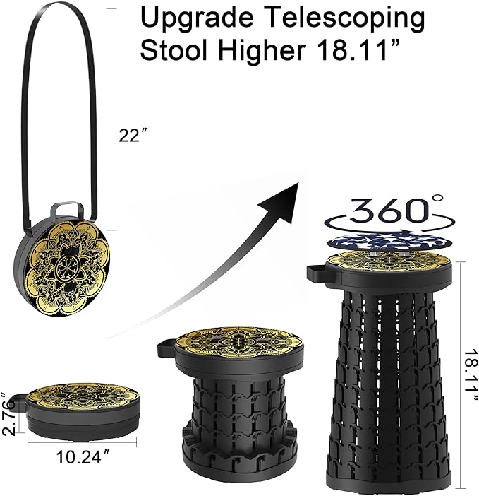 ALEVMOOM Upgraded Telescoping Collapsible Stool with Cushion Folding Stool with Printing Portable Retractable Foldable Seat Max Load 550lbs for Adults Camping Fishing Outdoor