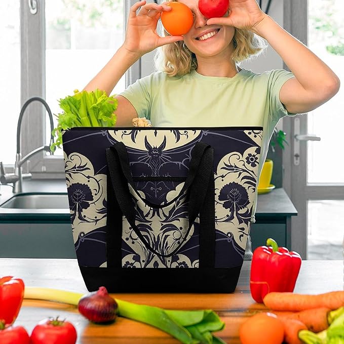 Insulated Shopping BagLarge Reusable Cooler Bags Bat Pattern Printed Foldable Shopping BagTravel Waterproof Shoulder Bag