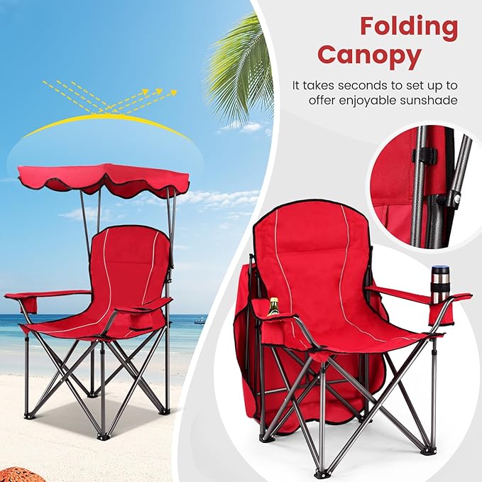 Goplus Camping Chair with Canopy Shade Folding Lawn Chair with Umbrella Cup Holder &amp Carry Bag Portable Sunshade Chair for Adults for Beach Outdoor Travel Hiking Fishing (Red)