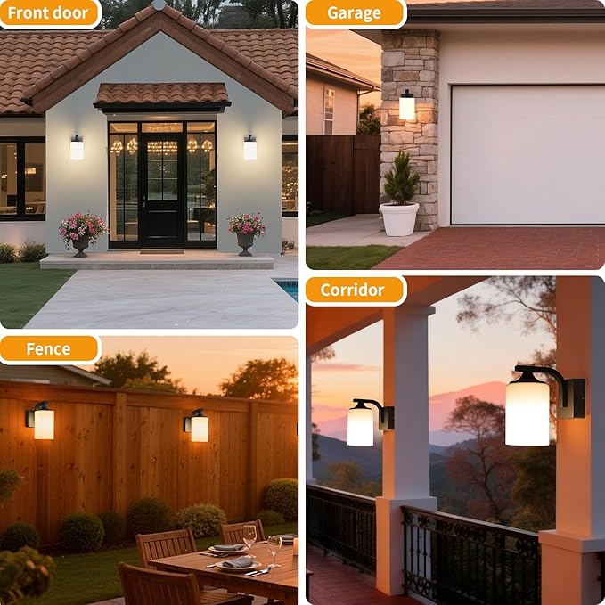 Dusk to Dawn Outdoor Wall Light Sconce Waterproof Aluminum Porch Light Exterior Fixture with Milk Glass Shade for Patio Yard Garden HouseOutside Matte Black