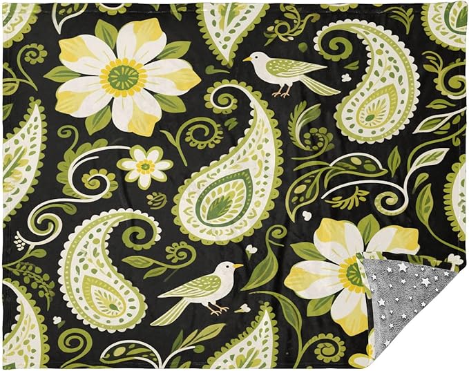 Soft Throw Blanket Olive Green Paisley Flower Boho Black Couch Blanket 50x70 Inches