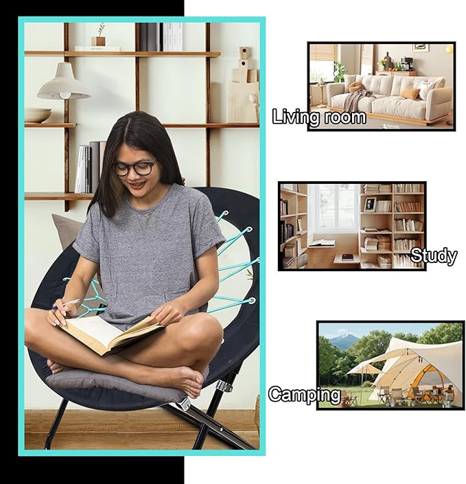 2 Pack Bungee Bunjo Folding Chair Saucer Dish Chair Bunjo Chair Outdoor Indoor Use for Camping Game&amp Recreation Room Livingroom Study (BLACK-2PK)
