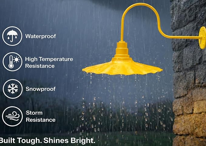 AGB102-AR20-YELLOW Radial Wave Steel Dome 29 Gooseneck Barn Light - Outdoor Dome with Incandescent Downlight | Wall-Mount Fixture Gardens Pathways &amp Outdoor Living Spaces