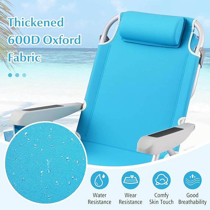 GYMAX Beach Chair 330lbs Backpack Lounger with 5-Position Backrest Storage Bag Side Pocket Towel Bar &amp Headrest Foldable Low Beach Lounge Portable Aluminum Lay Out Camp Chair (2 Light Blue)