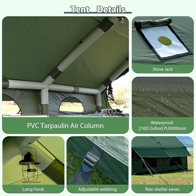 Inflatable Camping Tent with Hand Pump Waterproof Outdoor Blow up Tent Oxford 4 Season Air Tent Cabin House with Mesh Windows &amp Door 12sq/6sq Green
