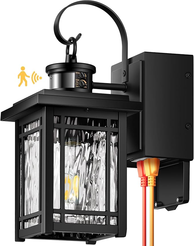 Outdoor Porch Light with GFCI Outlet Motion Sensor Outdoor Light Fixtures Wall Mount Black Exterior Wall Sconce Lantern with Ripple Glass Anti-Rust Coach Lights for Garage Patio Front Door