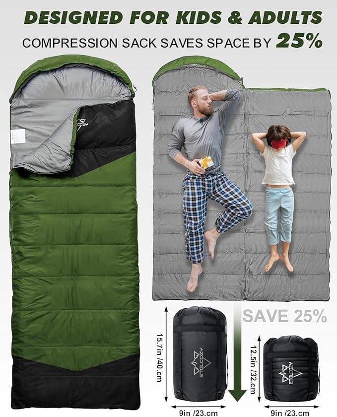 Lightweight 3-Season Sleeping Bag for Adults/Kids Camping Compact w/Compression Sack Waterproof Ripstop Portable for Backpacking Hiking Travel