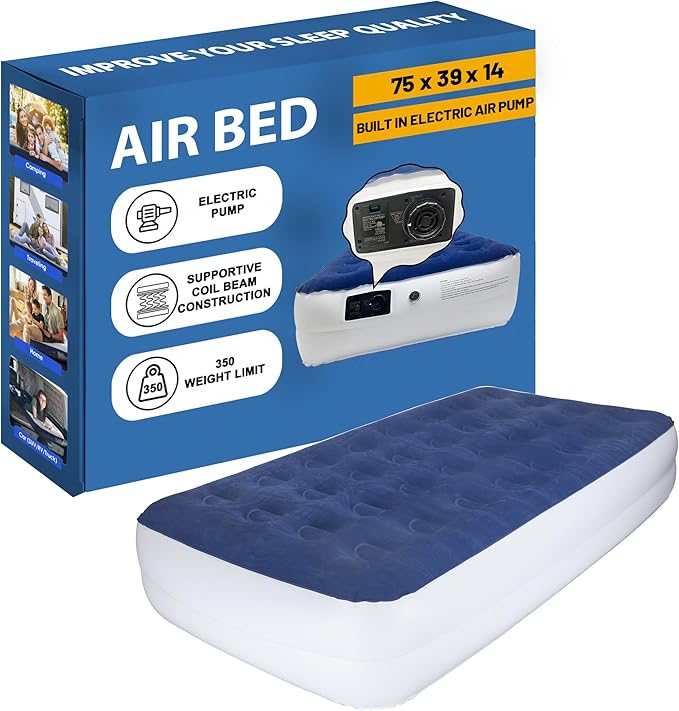 Greaton 14-Inch Durable Luxury Inflatable Air Mattress with Comfort Coil Technology and High Capacity Pump Good for Camping Home and Portable Travel Twin Blue