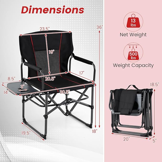 COSTWAY Folding Camping Chair with Side Table Portable Directors Chair with Cup Holder &amp Carry Bag Outdoor Heavy Duty Padded Lawn Chair for Fishing Picnic Sports Beach Support 500 LBS (Black