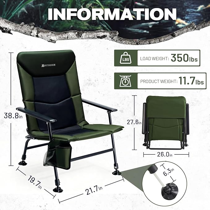 X Strike Oversized Folding Fishing Chair with Rod Holder Heavy Duty 350LBS Feet Adjustable Padded Camping Chair with Cup Holder Side Pocket Hard Armrest