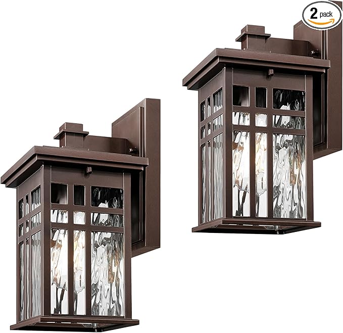 zeyu 12 Inch Patio Wall Light Fixture 2 Pack Outdoor Modern Wall Lights Die-Cast Aluminum Oil Rubbed Bronze Finish with Water Ripple Glass Glass 20068B1-2PK ORB WP