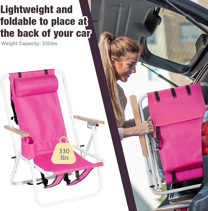 Folding Beach Chair – 4-Position Adjustable Portable Backpack Camping Chair with Headrest Cup Holder &amp Wooden Armrests Supports 265lbs