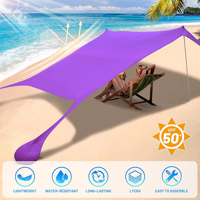BOTINDO Family Beach Tent Canopy Sun Shade Pop Up Grande Beach Tent Sun Shelter Stability 4 Poles with Portable Carry Bag Outdoor Shade for Fishing Backyard Camping (Purple 10x10FT 4Pole)