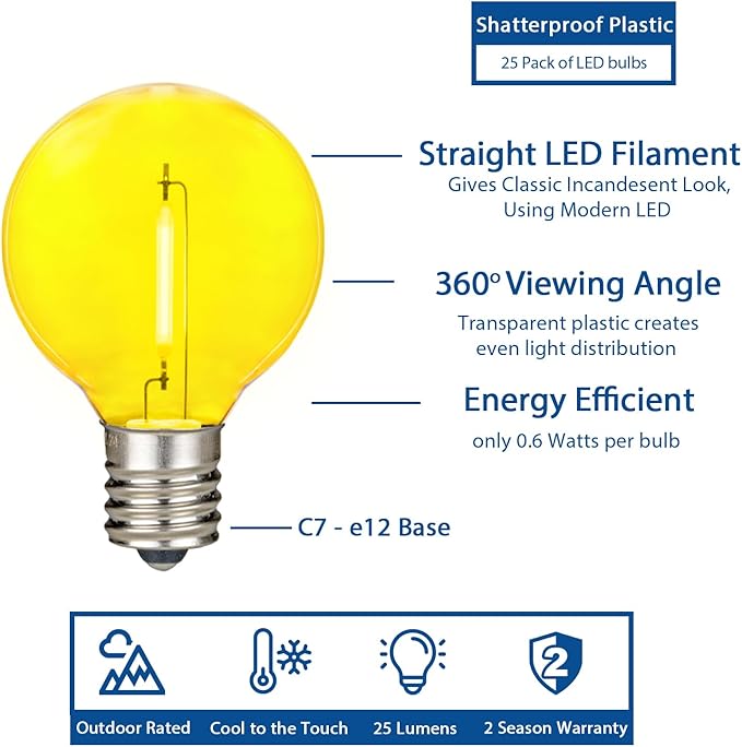 Novelty Lights 25 Pack Yellow G40 LED Filament String Light Bulbs E12/C7 Candelabra Base 5 Watt Equivalent Shatterproof Replacement Bulbs for Patios Canopy Lighting