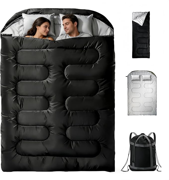 Double Sleeping Bag for 2 Adults Convertible to 2 Single Bags 3-in-1 Waterproof Camping Bag with Pillows Machine Washable 6.6 lbs Lightweight 59x87 Inches