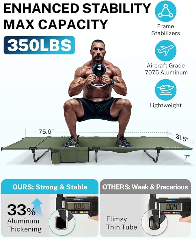 Gonex 31.5 Extra Wide Camping Cot with Premium Pillow Pocket Supports 350lbs Portable Ultralight Folding Cot Bed for Adults Travel Beach Home Sleeping (Army Green)