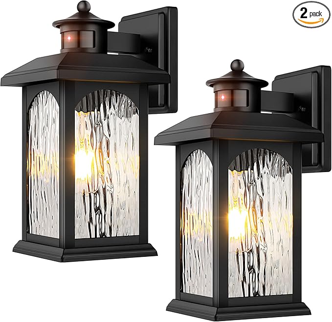 2 Packs Motion Sensor Outdoor Wall Lantern Dusk to Dawn Outdoor Lighting Black Porch Lights Fixture &amp Outside Wall Mount with Rippled Glass Exterior Sconce Light for Front Patio Garage Entryway