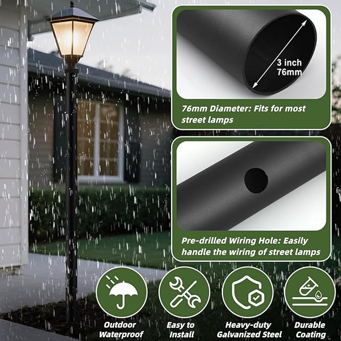 10FT Outdoor Lamp Post Split Street Light Pole with Cross Arm Base Mount Lighting Post Fixtures for Pathway Courtyard Parking Lot Fits Standard 3 Post Top Fixtures (10FT 76mm Base Mount)
