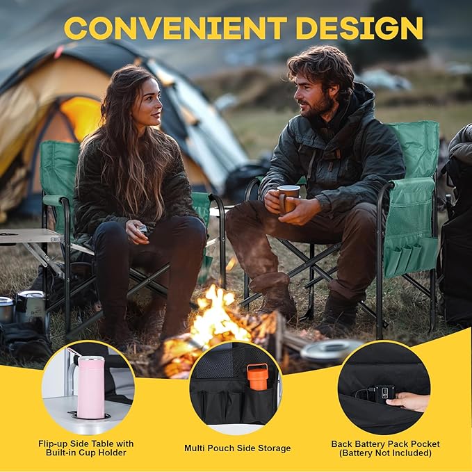 NAIZEA Heated Director Chair-Heated Camping Chair for Adult Oversized Outdoor Chairs with Side Table Pockets Makeup Folding Chairs Supports 550lbs(Power Bank Not Included)