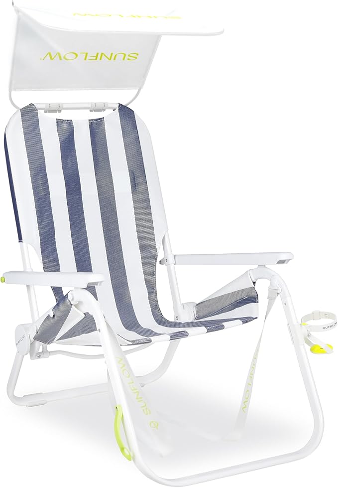 SUNFLOW Shore Thing Premium Beach Chair - Adjustable Portable Rust-Resistant Reclining Beach Chair with UPF 50+ Sun Shade and Drink Holder for The Ultimate in Comfort (Deep Blue Stripe)