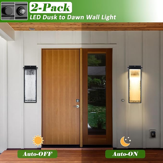 20 Extra Large Dusk to Dawn LED Outdoor Light 2 Packs Black Modern Exterior Lighting Fixtures Outside Porch Lights Wall Mount Mid-Century Wall Lantern with Rippled Glass Patio Sconce Lamp