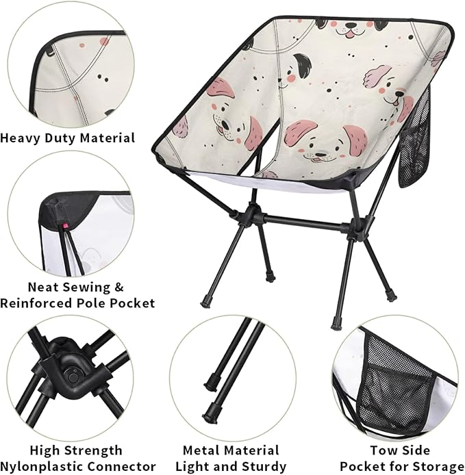 Honeybaby Folding Camping Chair Dogs Cute Paw Print Camping Chairs Lightweight Portable Chair Outdoor Foldable Chairs for Camping Travel Picnic Beach Hiking