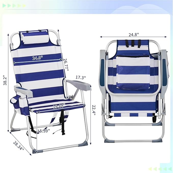 Tall Beach ChairFolding Backpack Beach Chair with 5 PositionsLightweight Beach Camping Chairs with Cooler BagCup HoldersTowel Barfor Adults (Blue Stripes)