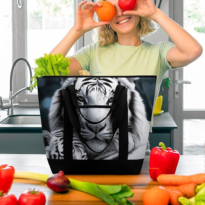 Insulated Shopping BagLarge Reusable Cooler Bags White Tiger Printed Foldable Shopping BagTravel Waterproof Shoulder Bag