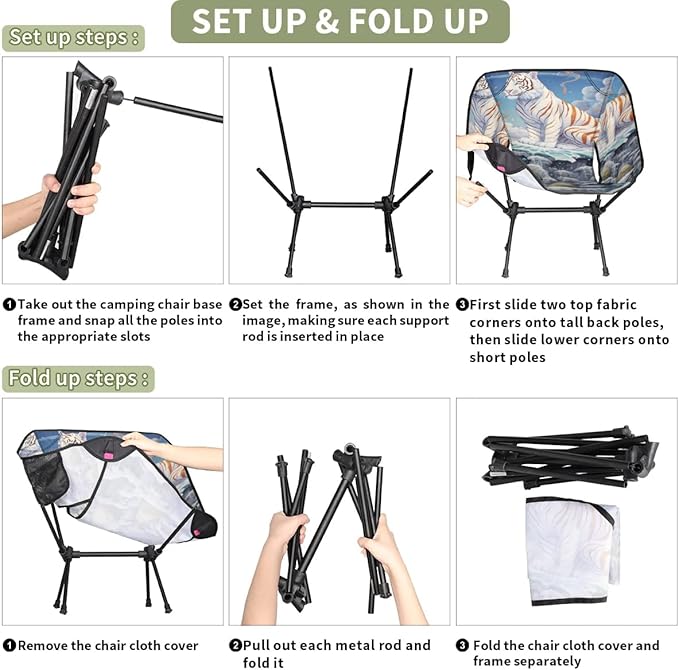 Portable Camping Chair Ocean Waves Tiger Ultralight Folding Camping Chair Backpacking Hiking Chair with Cup Holder for Outdoor Travel Beach Picnic Festival Compact Portable 176 lbs Capacity