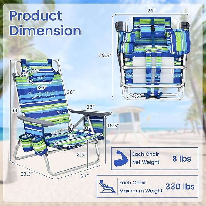 Tangkula Set of 2 Backpack Beach Chair 5-Position Lay Flat Beach Chairs with Cooler Bag 2 Cup Holders Towel Bar Lightweight Folding Beach Chair with Backpack Straps
