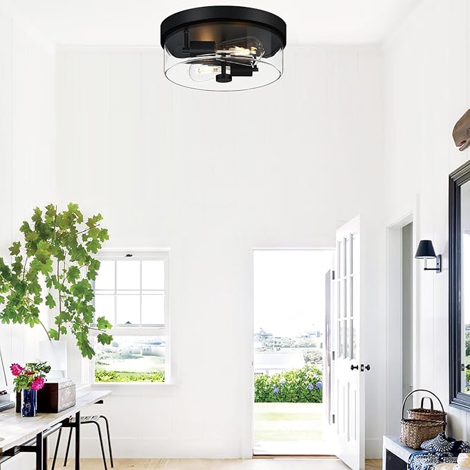 Flush Mount Ceiling Light Fixtures 2-Light Black Ceiling Mount for Farmhouse with Clear Glass Lampshade Industrial Flush Mount Light Fixture for Hallway Kitchen Entryway and Foyer