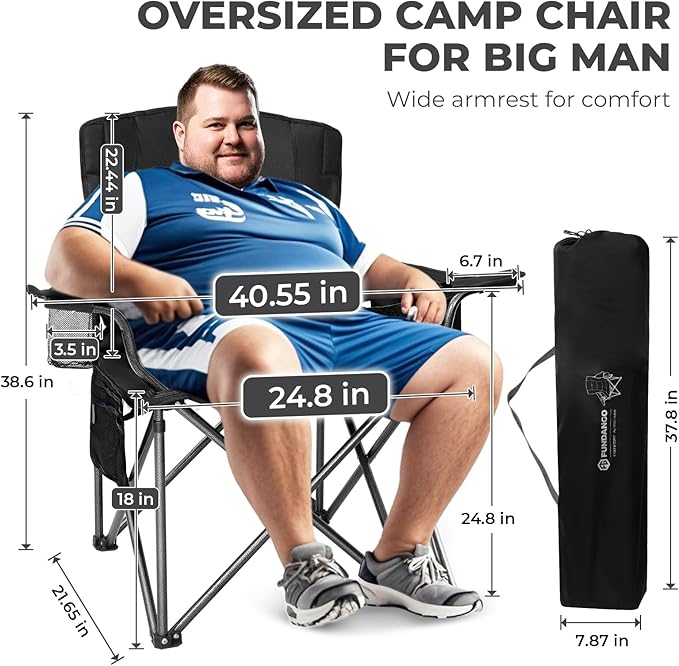FUNDANGO Oversized Camping Chair for Adults Heavy Duty Portable Foldable Lawn Chair with Padded Seat &amp Back Lumbar Support 4-can Cooler &amp Cup Holder Carry Bag Included for Outdoor