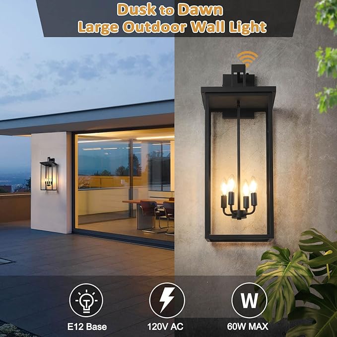 tewei 26in Large Size Dusk to Dawn Outdoor Wall Lights Matte Black Exterior Lighting Fixtures Modern Outdoor Porch Lights for House with Clear Shade Outdoor Wall Sconce Light for Garage(1 Pack)