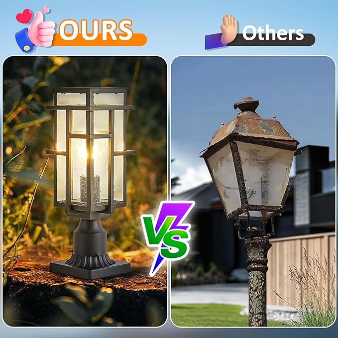 Outdoor Post Lighting Fixture with Pier Mount Base Aluminum Modern Exterior Pillar Lantern with Tough Seeded Glass Waterproof Matte Black Large Outside Pole Lamp for Garden Pathway Driveway