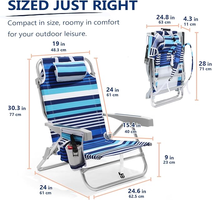 5-Position Aluminum Lay Flat Backpack Beach Chair 2 Pack Compact Portable Low Beach Chairs for Adults Beach Chair with Cooler Pouch Storage Pouch Towel Bar Cup Holder Blue Stripe