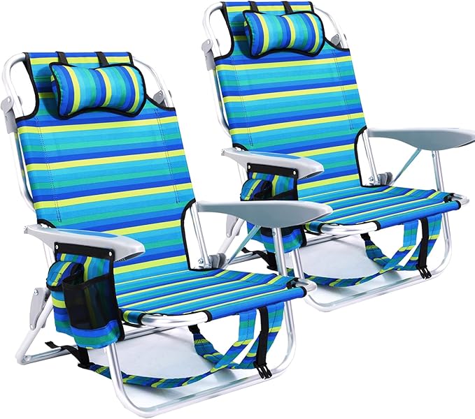 2 Pack Lightweight Portable Camping Beach Chair for Adults Outdoor Lay Flat Folding Beach Chairs with 5 Positions Backpack Beach Chair with Towel Bar Zipper Pouch Cup Holder Ocean Striped