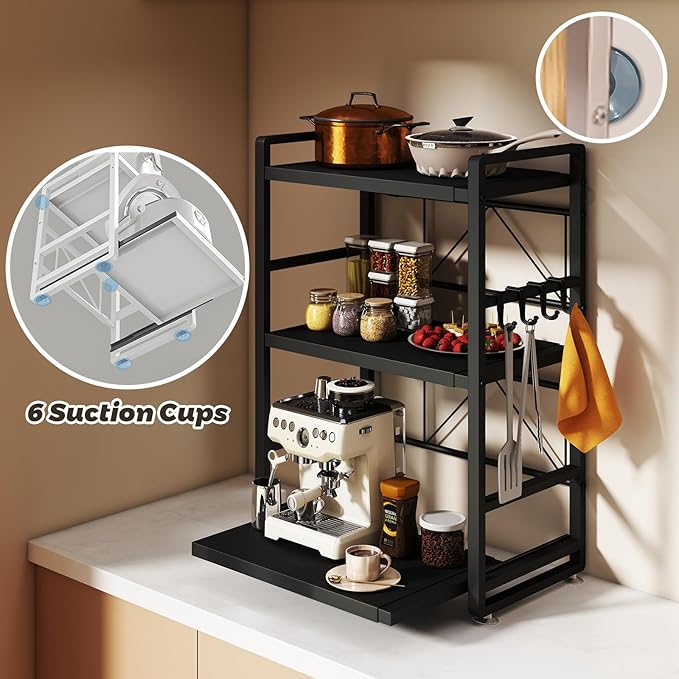 3-Tier Microwave Rack - Height Adjustable &amp Extendable Kitchen Shelf with Drawer - Carbon Steel - Includes Hooks &amp Reinforcement Suction Cups Baker's Rack (Black)