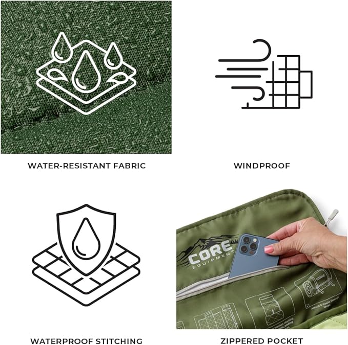 CORE Outdoor Weighted Blanket | Packable Waterproof Picnic Blanket Beach Mat Tent Camping Rug &amp Stadium Blanket | Large Portable 94 x 78 Quilt Design with Built-in Straps and Carry Handle