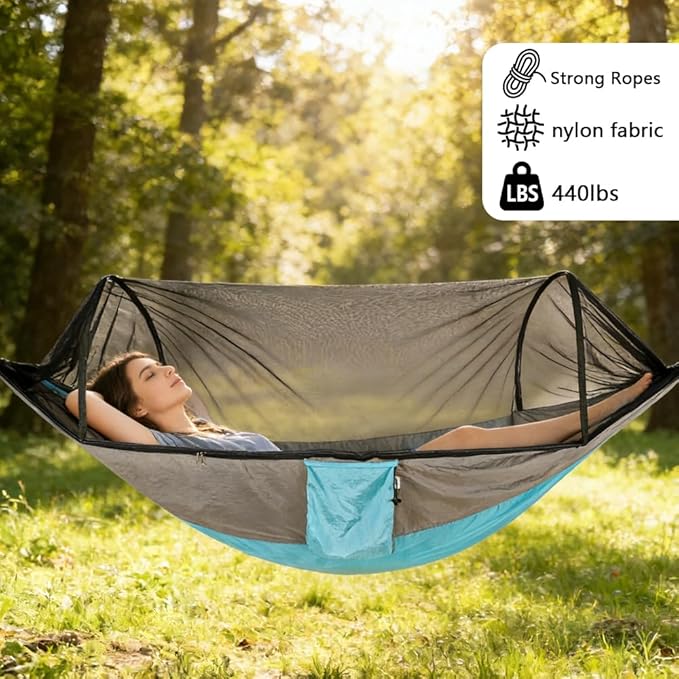 Camping Hammock with Mosquito Net - Double &amp Single Portable Hammocks with 2 Tree Straps Lightweight Hammock Tent for Outdoor Camping Hiking Backpacking Beach &amp Backyard (Blue)
