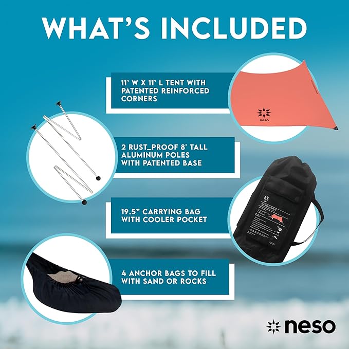 Neso Gigante Portable Beach Tent Sun Shelter - Lightweight Beach Shade Canopy - Easy Setup for Family Outings - Patented Reinforced Corners - UPF 50+ Sun Protection - 8ft Tall 11 x 11ft - Coral