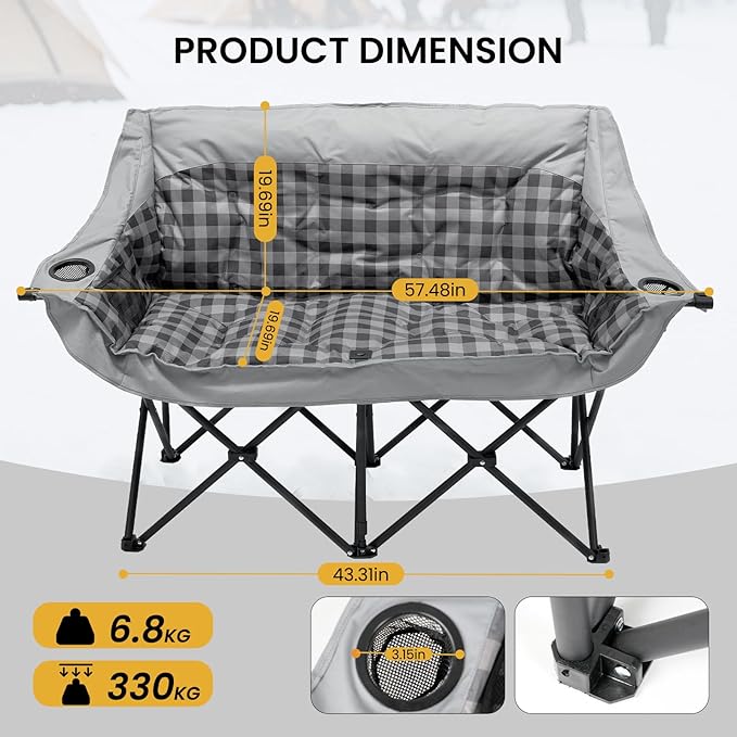Slsy Double Camping Chair Extra Padded Loveseat for 2 Prson Heavy Duty Folding Loveseat with Cup Holders for Camping Fishing or Hunting