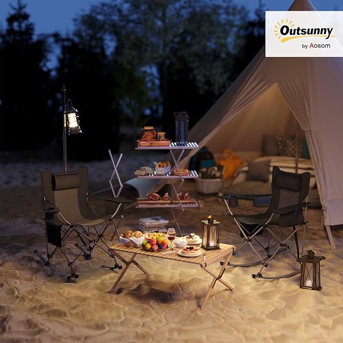 Outsunny Folding Rocking Camping Chairs for Adults Portable Outdoor Rocking Chairs with Headrest Cooler Bag Cup Holder Carry Bag for Picnic Outside and Outdoor Travel 2 Pack Black